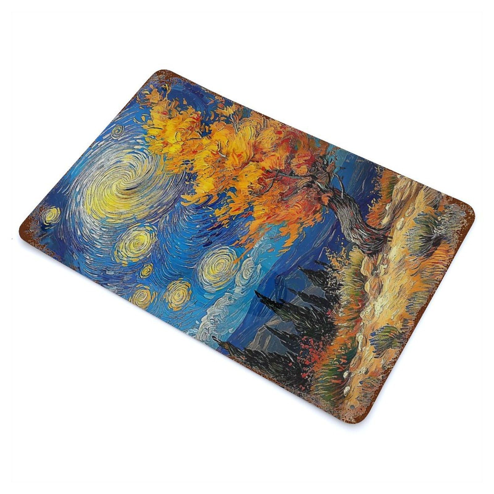 Starry Night Landscape with Autumn Tree Weathered Tin Sign 11.8"x7.9", Classic Wall Plaque for Patio, Garden Room And Bar Decor