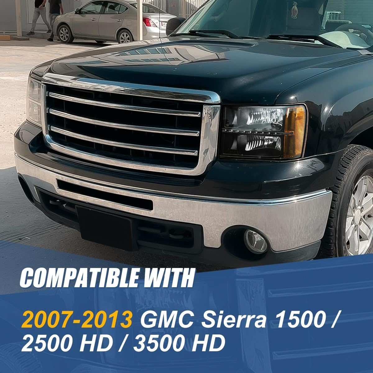 Auto Dynasty LED DRL Headlights Assembly Compatible with 2007-2014 GMC Sierra 1500 2500HD 3500HD, Driver and Passenger Side Halogen Headlamps w/LED Running Light Strip, Black Housing Amber Corner