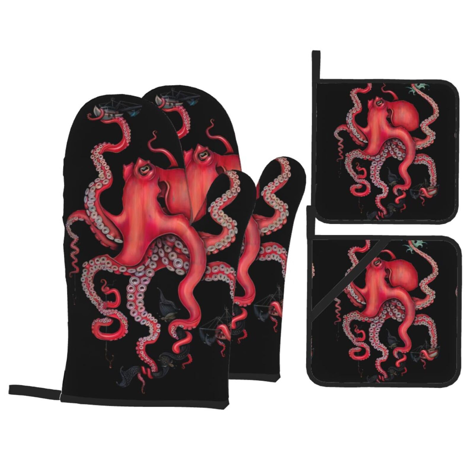 WHJSHOP Octopus Intertwined Prints Kitchen Layers: Waterproof Oven Covers for Safe Handling & Easy Cleanup – 4 Piece Heat Protection Bundle