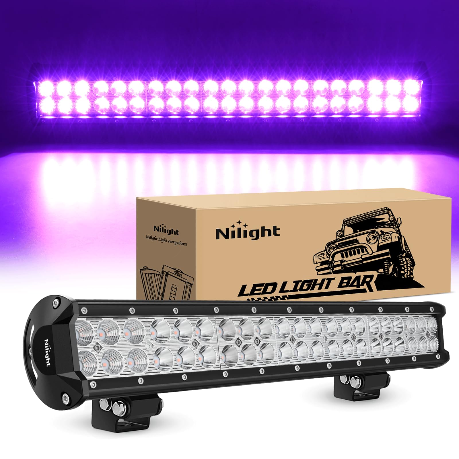 Nilight LED Light Bar 20 Inch 126W Spot Flood Combo Purple Beam Off Road Lamp Fishing Hunting Emergency Deck Work Lighting for Trucks UTV Pick-up Van Boat Tractor