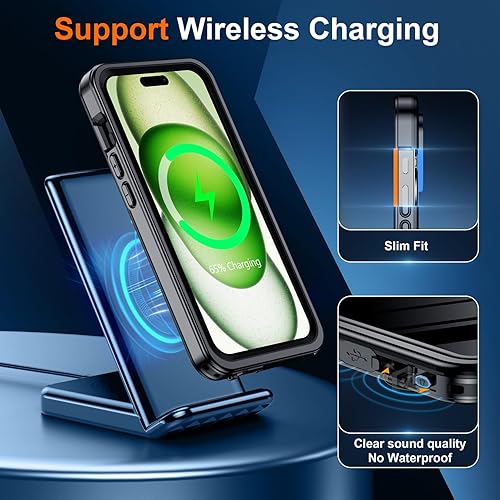 Miniatura 5 de Funda impermeable diseñada para 15 Plus, protección de lente de cámara de vidrio templado 9H integrada IP68 bajo el agua 14 pies militares a prueba