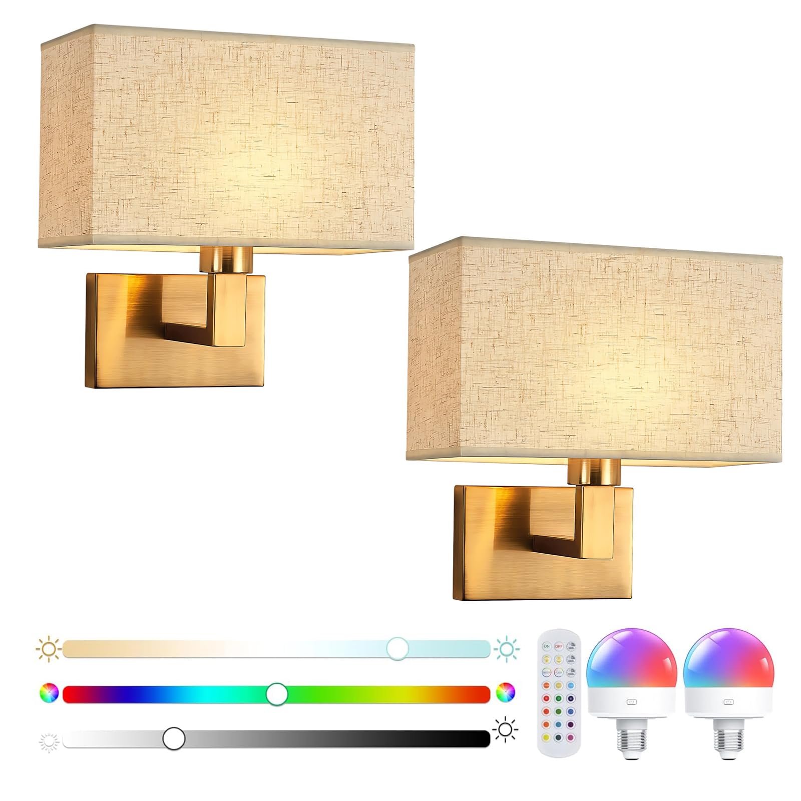 2 Piezas Lámpara de Pared Por Pilas Sin Cable con Mando a Distancia, Aplique de Pared Regulable Recargable con Pantalla de Tela Para Dormitorio Salón Pasillo Escalera, Oro