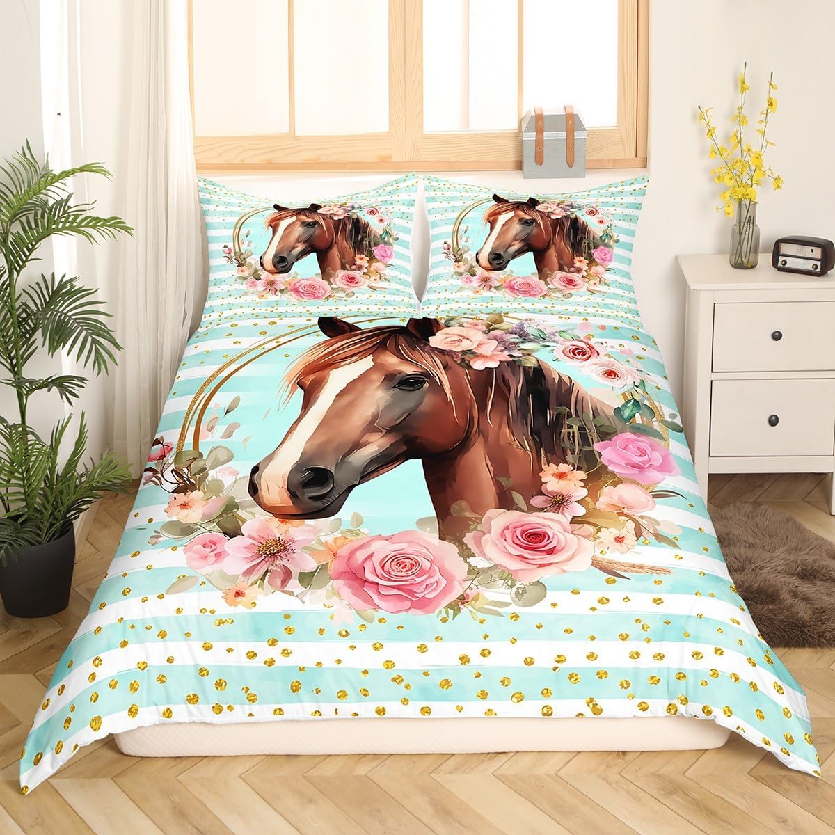 Manfei Floral Horse Duvet Cover Set King Size, Watercolor Flower Bedding Set 3pcs for Kids Boys Girls, Blue Stripes Comforter Cover Gold Sequins Glitter Quilt Cover with 2 Pillowcases,No Comforter
