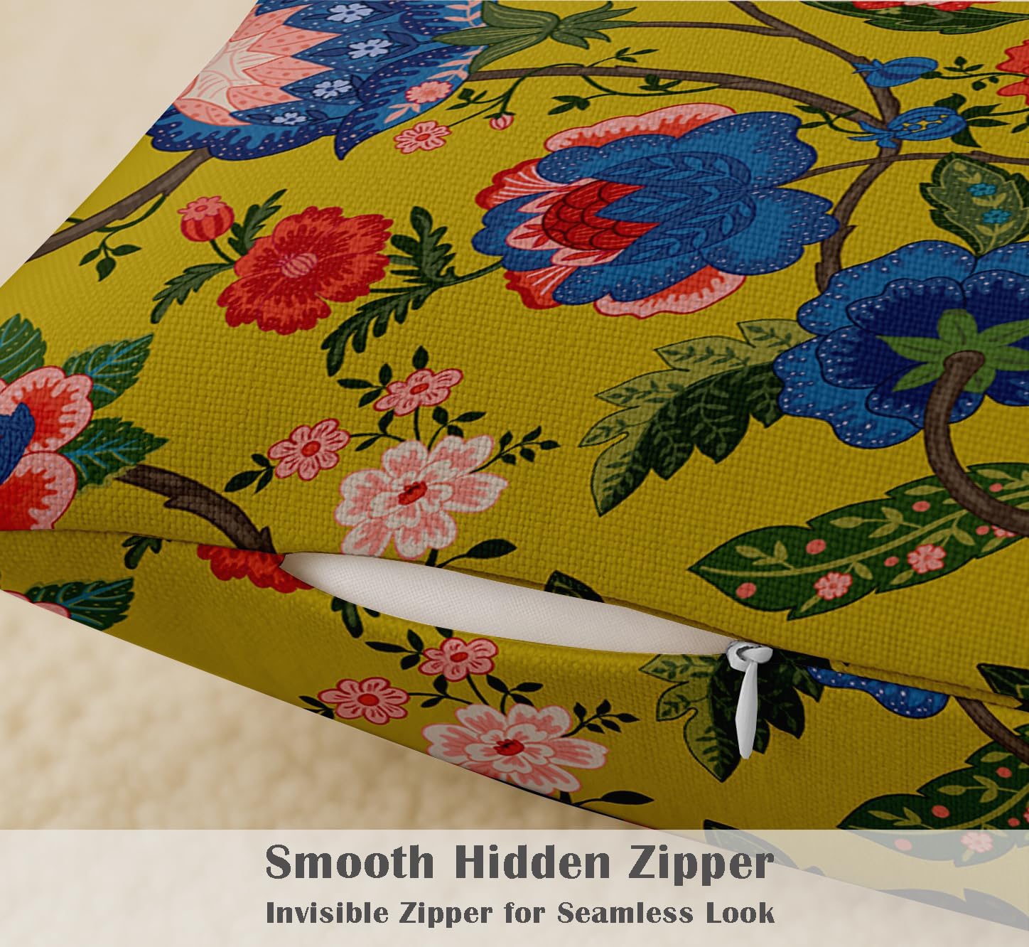 Yellow Cotton Cushion Covers Set of 4, 16x16 Inch, Dual-Sided Print, Hidden Zipper Closure - Floral Print