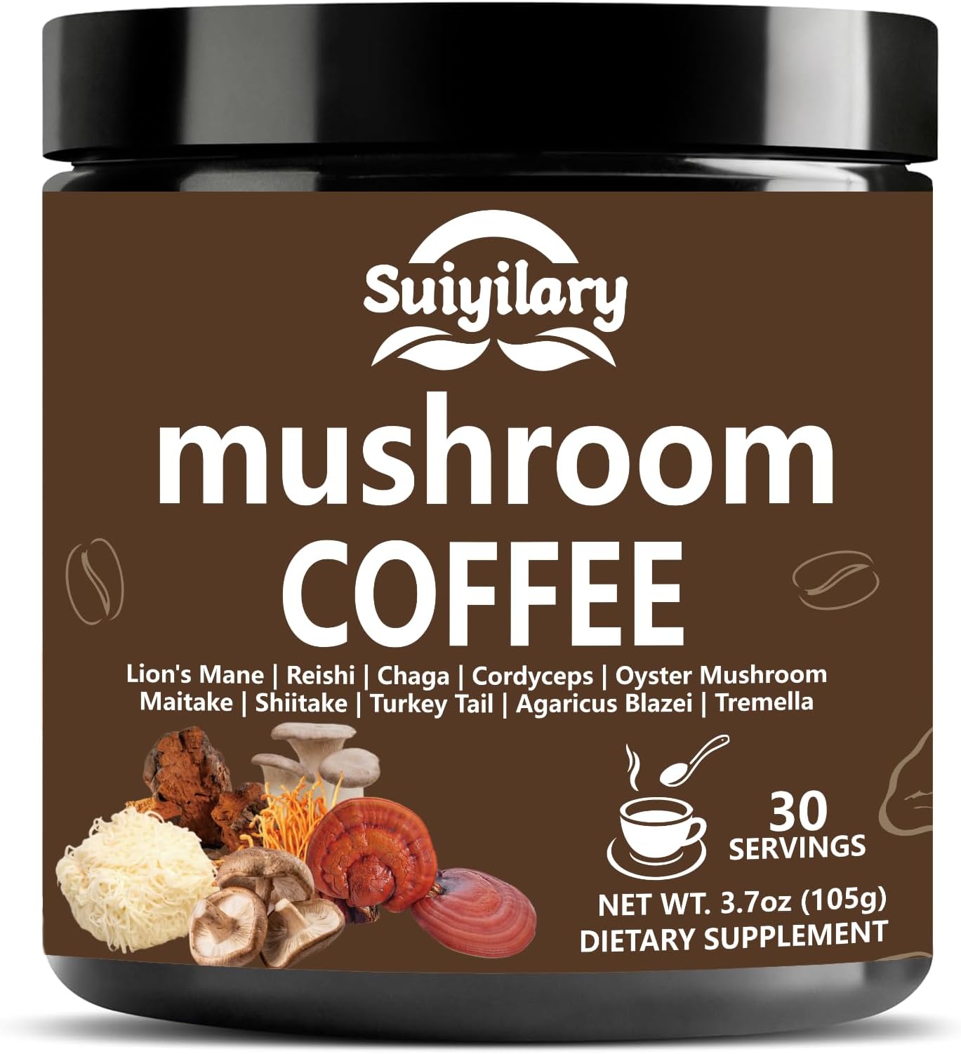 Suiyilary Mushroom Coffee with Arabica, Lion's Mane, Reishi, Mushroom Polysaccharides & More, 3500mg (10:1) Instant Mushroom Extract Powder for Focus & Immunity.