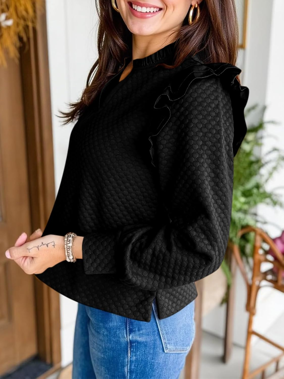 Cicy Bell Womens Ruffle Long Sleeve Sweatshirt Notched V Neck Textured Casual Pullover Tops Fall Loose Fit Blouses - Image 5