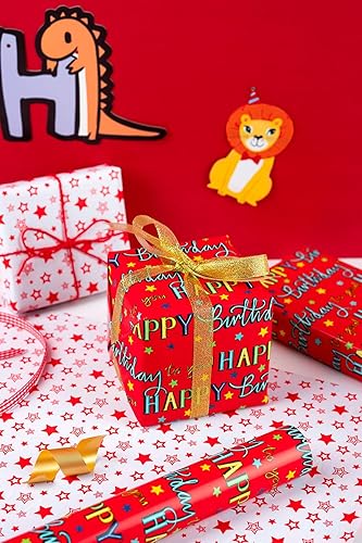 Miniatura 7 de WRAPAHOLIC Papel de regalo reversible de cumpleaños, mini rollo, 17 pulgadas x 33 pies, diseño de letras rojas de feliz cumpleaños para cumpleaños,