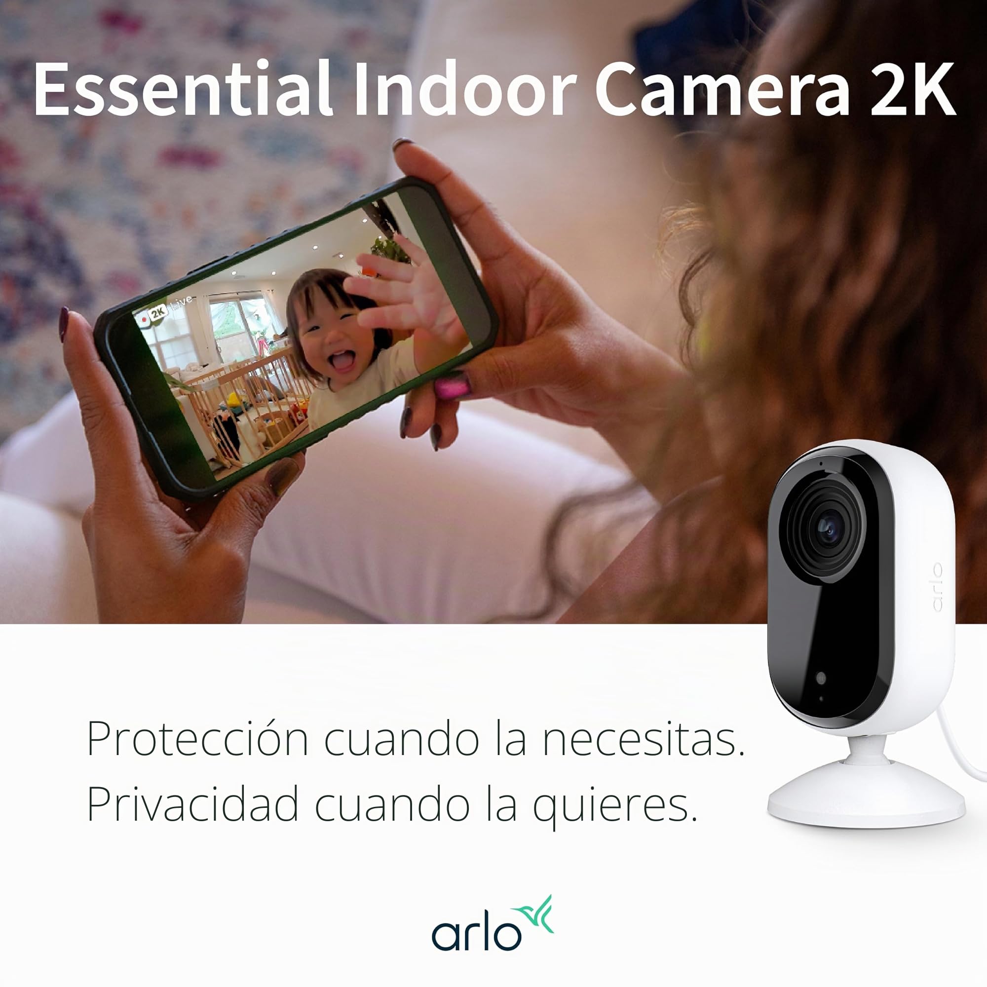 Arlo Essential - Cámara de Seguridad 2K para Interiores (2ª generación) - 1 Paquete - Seguridad para el hogar, Monitor de bebé, cámara para Mascotas, Sistema de cámara 2K, Blanco - VMC3060