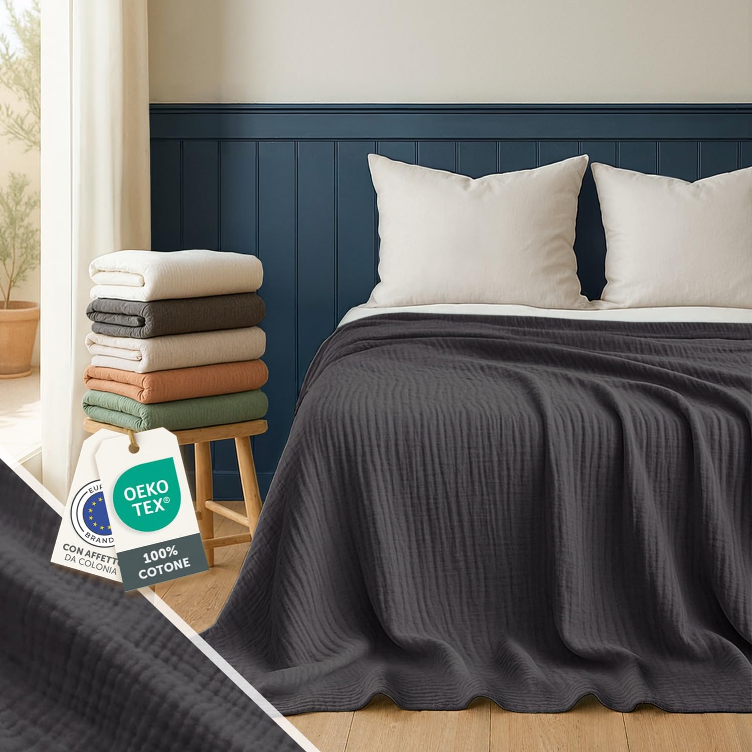 Blumtal Coperta Mussola Matrimoniale 150x200 cm - Certificata OEKO-TEX - Cotone Estivo 100% - Colore Antracite