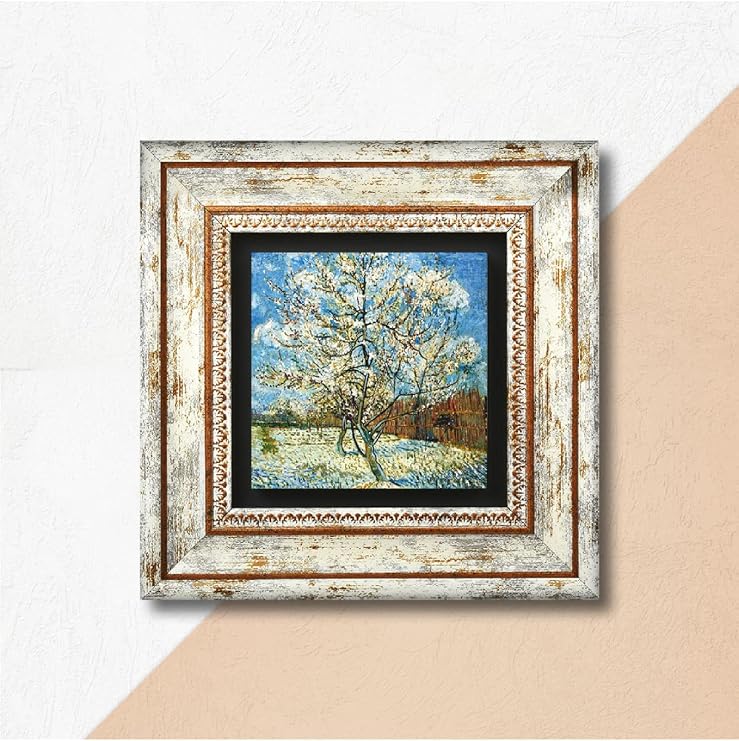 Pinecone Stone Van Gogh Çiçeklenen Pembe Şeftali Ağacı Taş Duvar Tablosu - Çerçeveli Taş Tablo - Dekoratif Duvar Sanatı - Modern Ev ve Ofis Duvar Dekoru T1-296