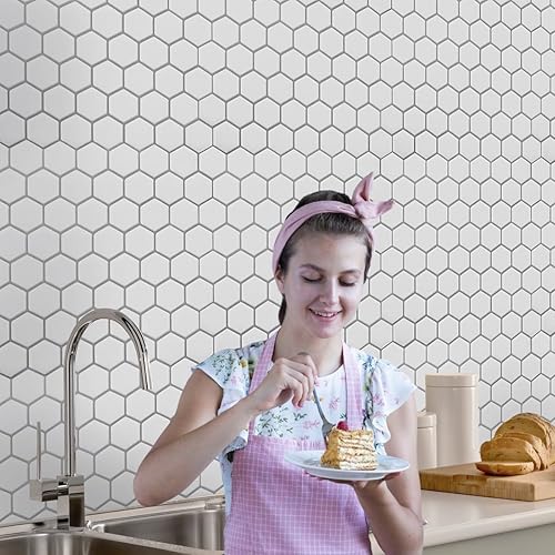 Miniatura 3 de Azulejo de cerámica sintética para despegar y pegar (10 unidades de mármol hexagonal gris), para cocina, baño, autocaravana, remodelación de