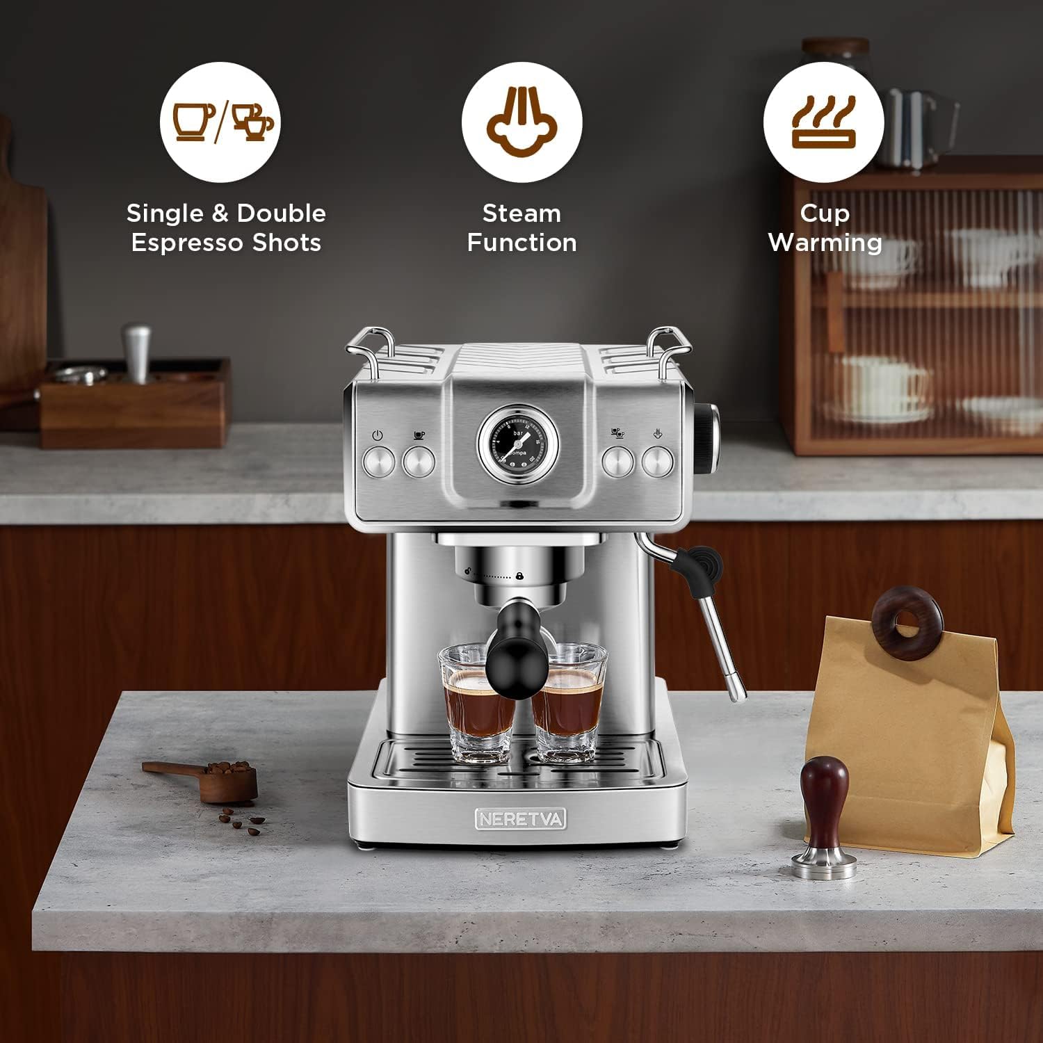 Neretva Espresso Machine showing single & double espresso shots, steam function, and cup warming features.