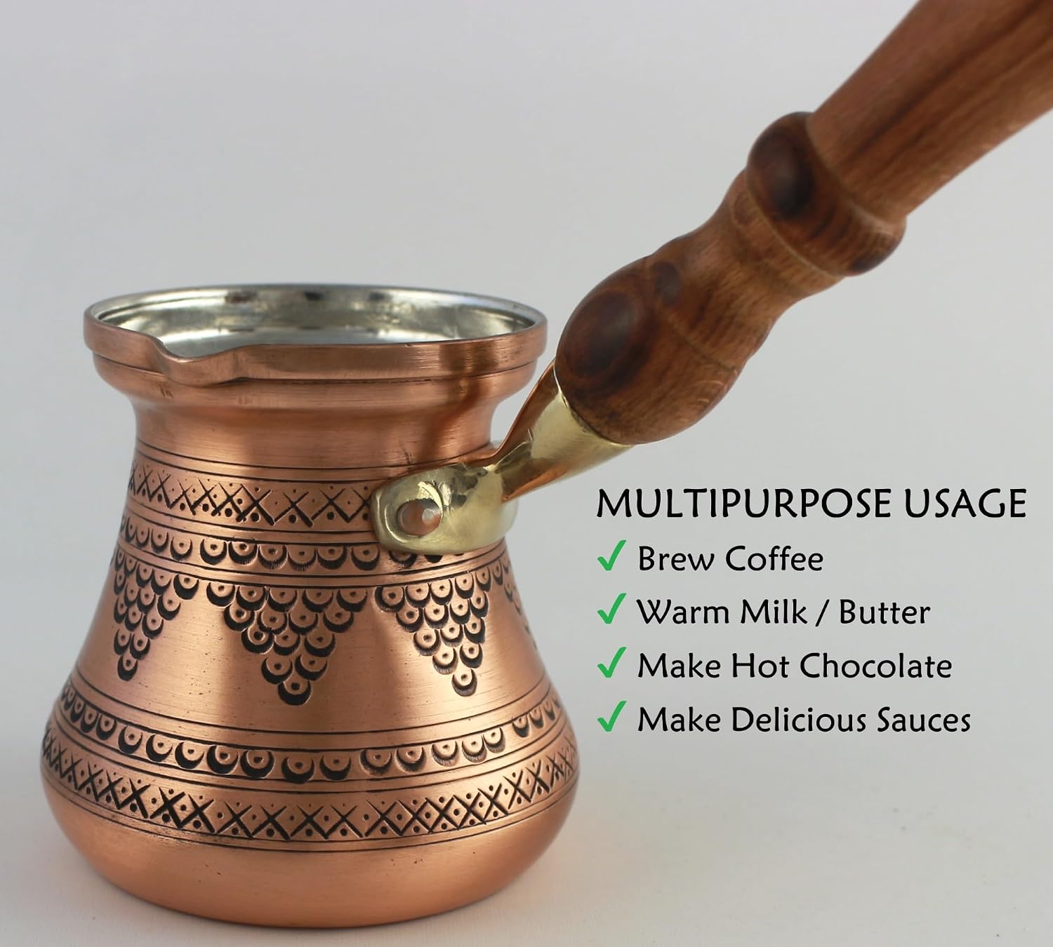 DEDE Copper - PCZ Series (Medium-10 fl.oz) Thickest Solid Copper Engraved Turkish Greek Arabic Coffee Pot with Wooden Handle, Stovetop Coffee Maker Cezve Jezve Jazva Ibrik Briki (Matte Copper)