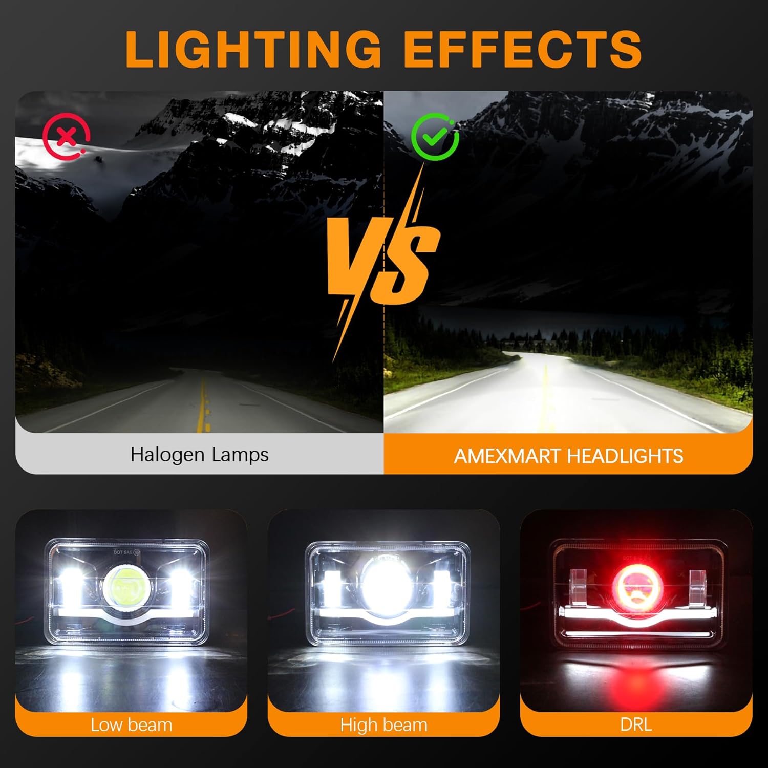 4x6 Headlights LED Dot Approved with Red Devil Eye DRL Compatible with Peterbilt 379 Kenworth T800 Oldsmobile Semi Truck- 4PCS