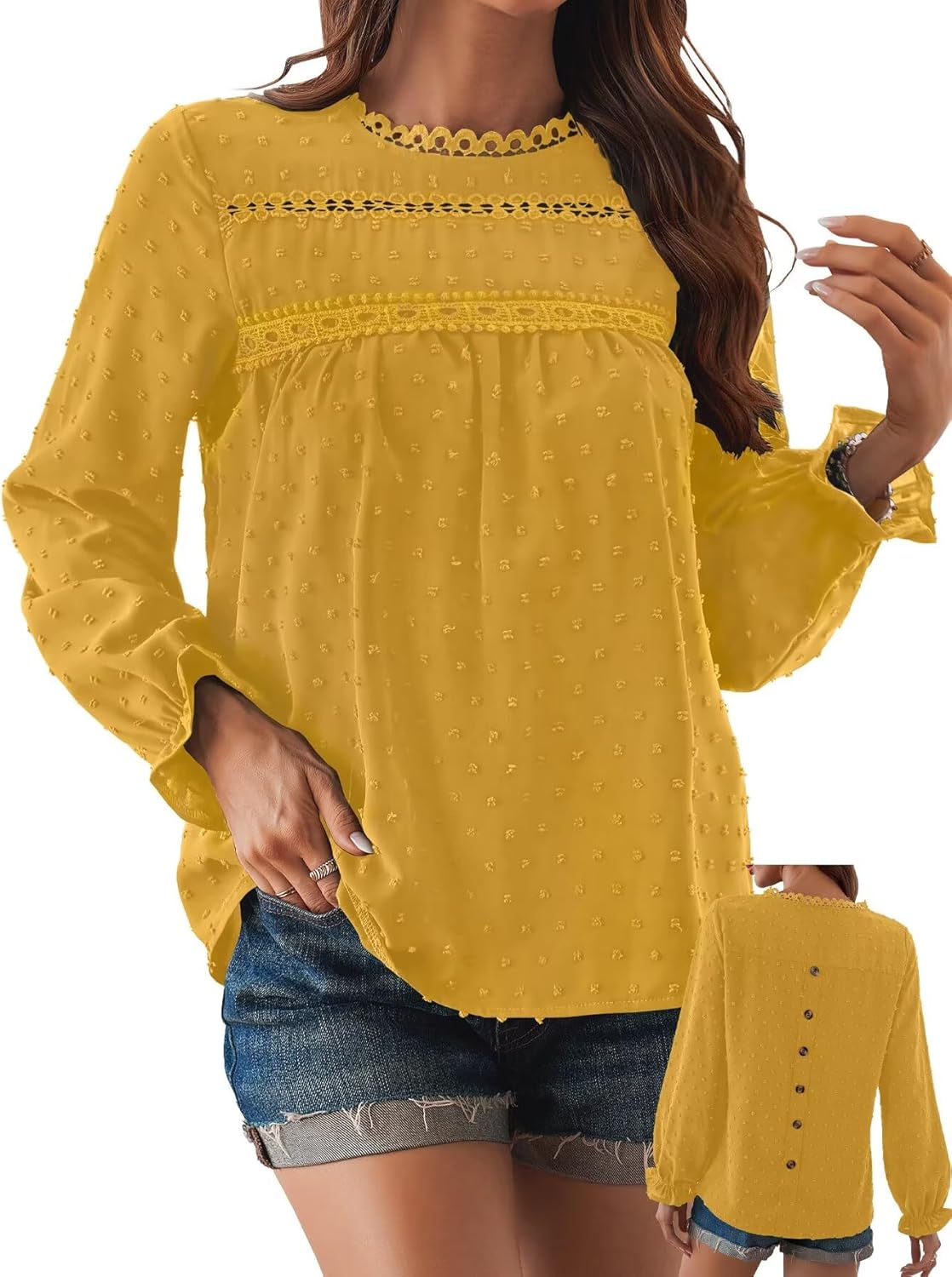 Womens Boho Tops Long Sleeve Shirts For Women Cute Crewneck Blouse Dressy Casual Swiss Dot Crochet Hollow Top 2026