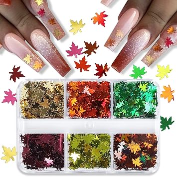 6 Grids 3D Fall Nail Art Stickers - Fall Glitter Maple Leaf Nail Decals - Autumn Nail Glitter Sequins - Holographic Laser Leaves Glitter Flakes Thanksgiving Nail Art Sticker Autumn Nail Art Decoration