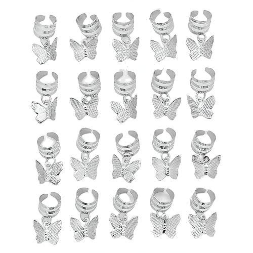 Miniatura 5 de 20 piezas de pulseras de mariposa plateadas para el cabello, cuentas de rasta, colgantes de metal ajustables, clips de trenzas, accesorios para el