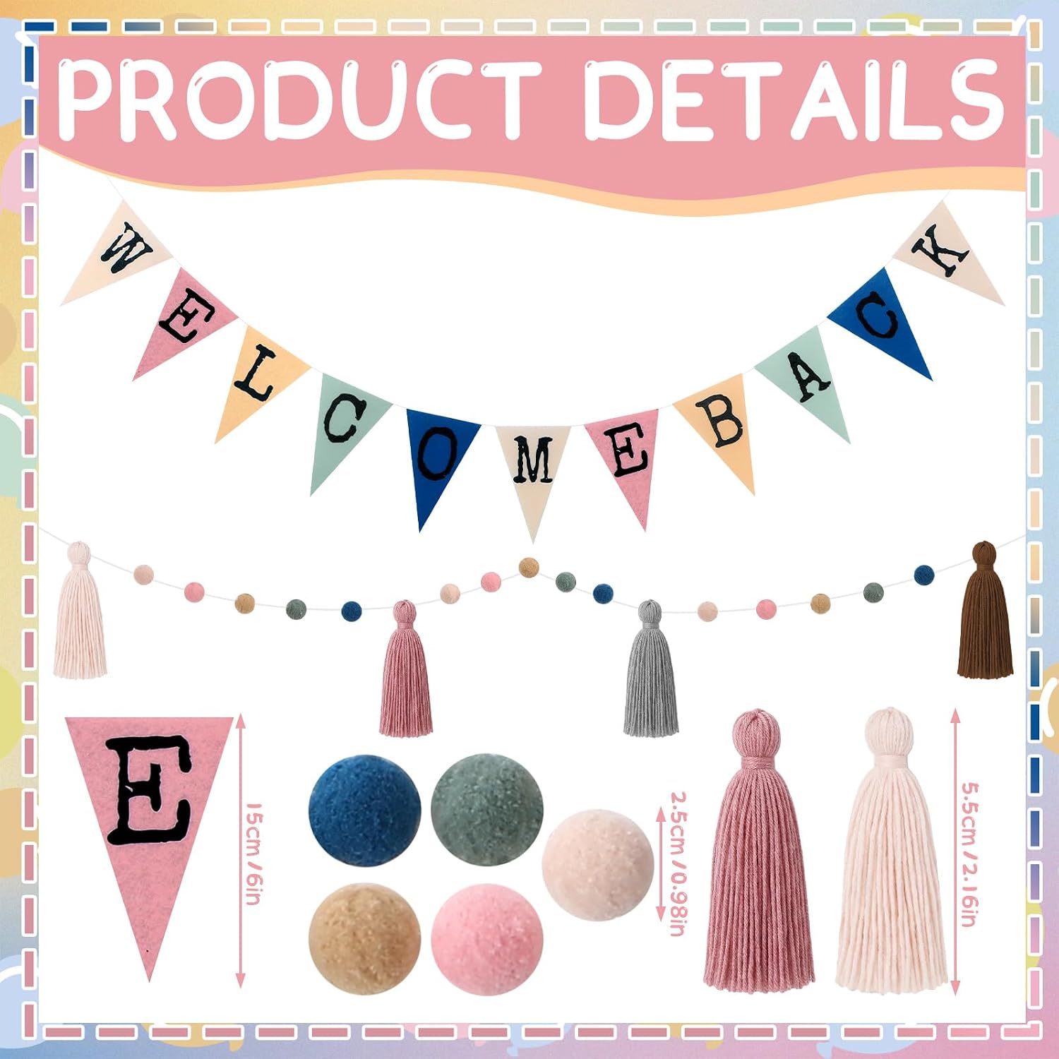 Frienda 2 Pcs Back to School Decor Boho Pom Poms Garland Welcome Back Pom Poms and Tassels Banners Colorful Classroom Pennant Garlands Ornaments for Classroom Kindergarten Decor
