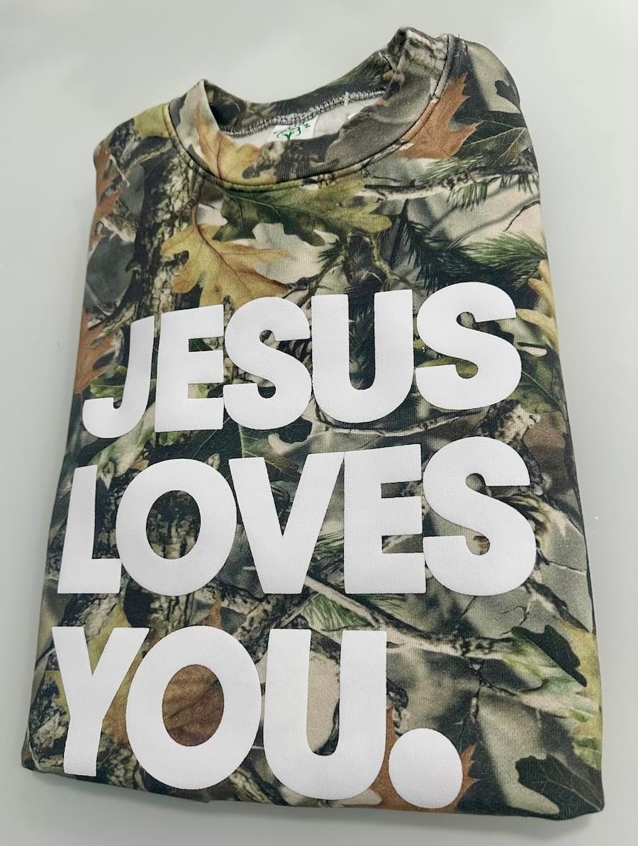 Jesus Loves You Camo Vintage Sweatshirt – Puff Print | Oversized Christian Streetwear