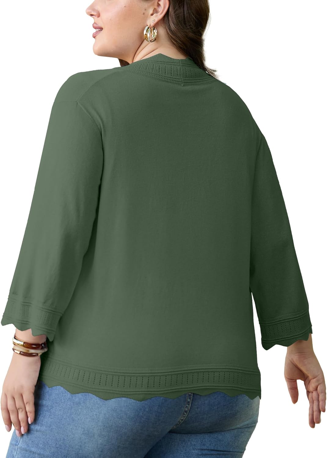 OLRIK Plus Size Cardigan for Women 3/4 Sleeve Lightweight Casual Open-Front Ribbed Wave Edges Knit Cropped Shrugs Sweaters - Image 3