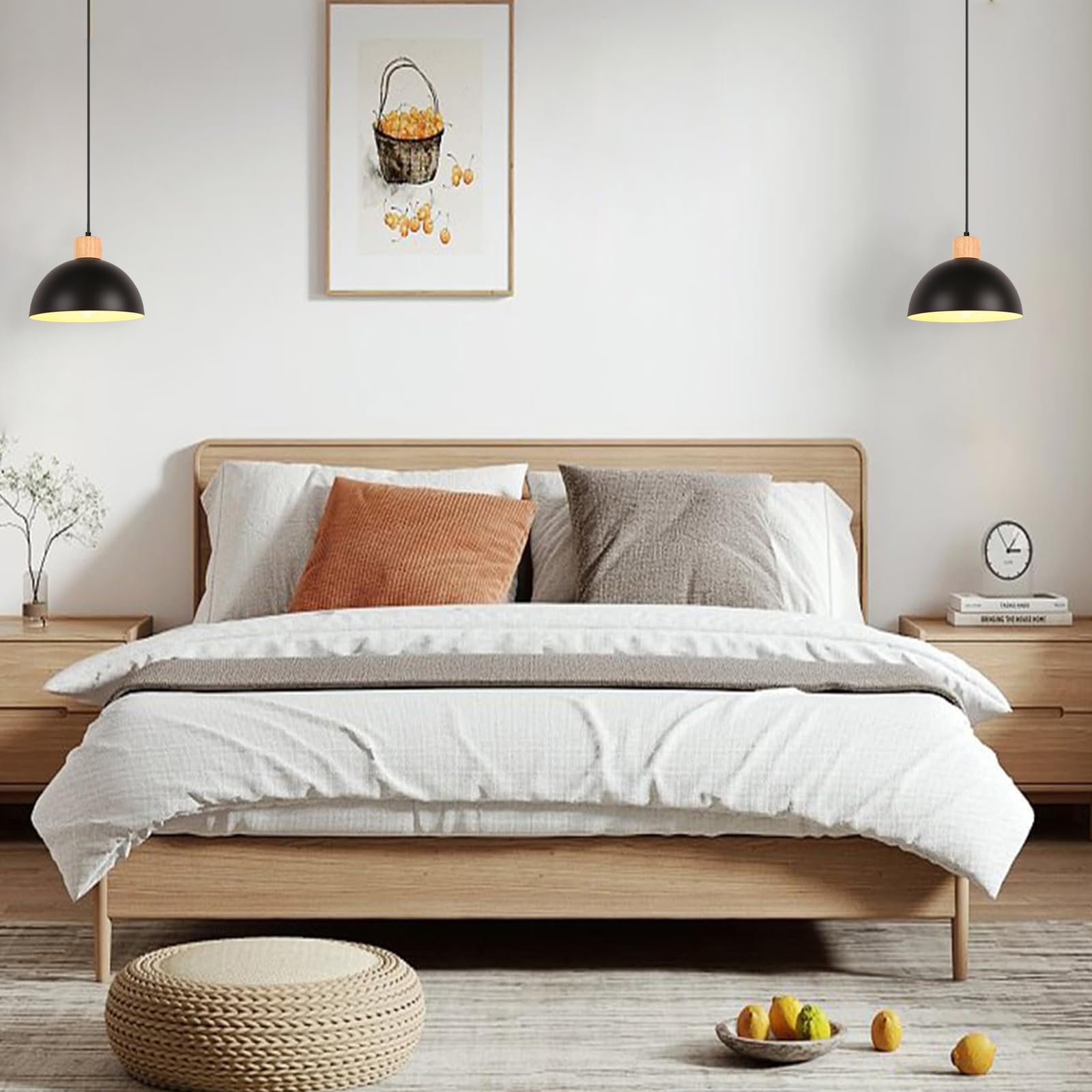 iDEGU Zestaw 2 żyrandoli wiszących w stylu retro, nowoczesny styl, półokrąg, lampa sufitowa E27, drewniana metalowa lampa wisząca do jadalni, kuchni, salonu, sypialni, Ø 25 cm (czarna)