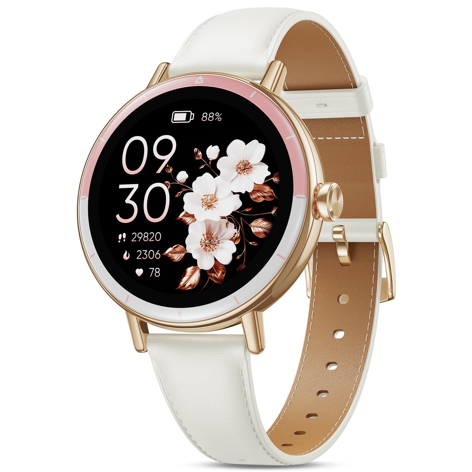 Smartwatch Donna, 1,27'' HD Orologio Smartwatch Piccolo Rotondo con Cardiofrequenzimetro/SpO2/Sonno/Ciclo Mestruale, 100+ Modalità Sportive/Contapassi Smart Watch per Android iOS, Rosa/Avorio