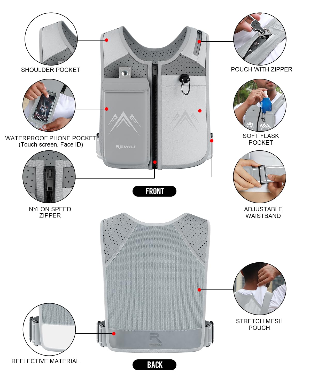 REVALI Chalecos reflectantes con cremallera para correr con botella de hidratación, cintura ajustable y material transpirable, soporte para teléfono para hombres y mujeres