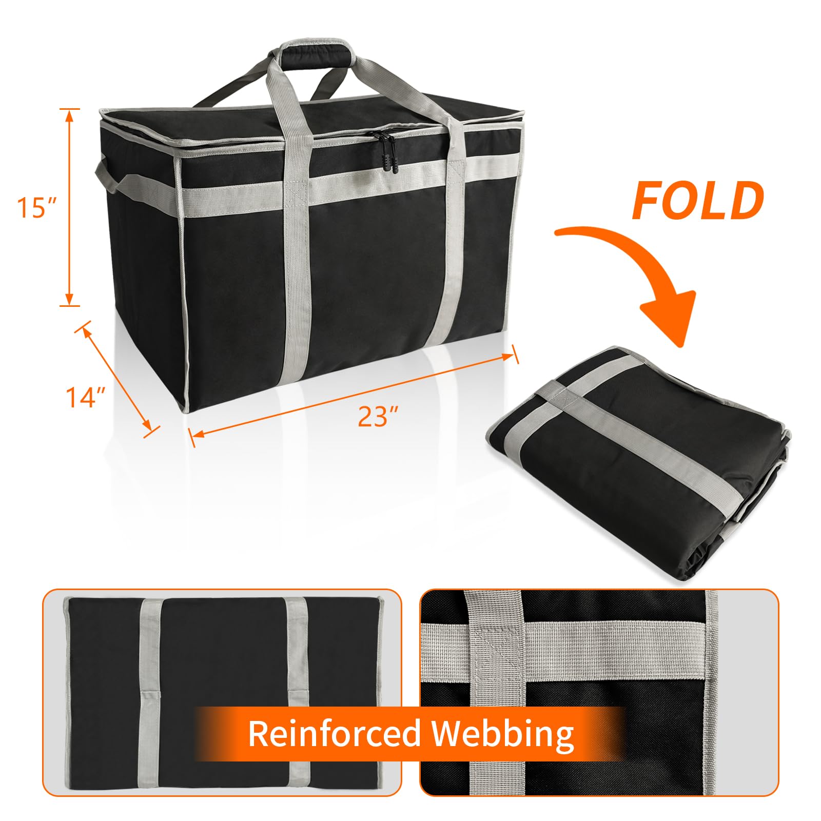 D&ONEHOS Isolierte Lebensmittel-Liefertasche, Schwarz und silberfarbenes Gurtband, XXXL 23" x 14" x 15", Commercial XXXL