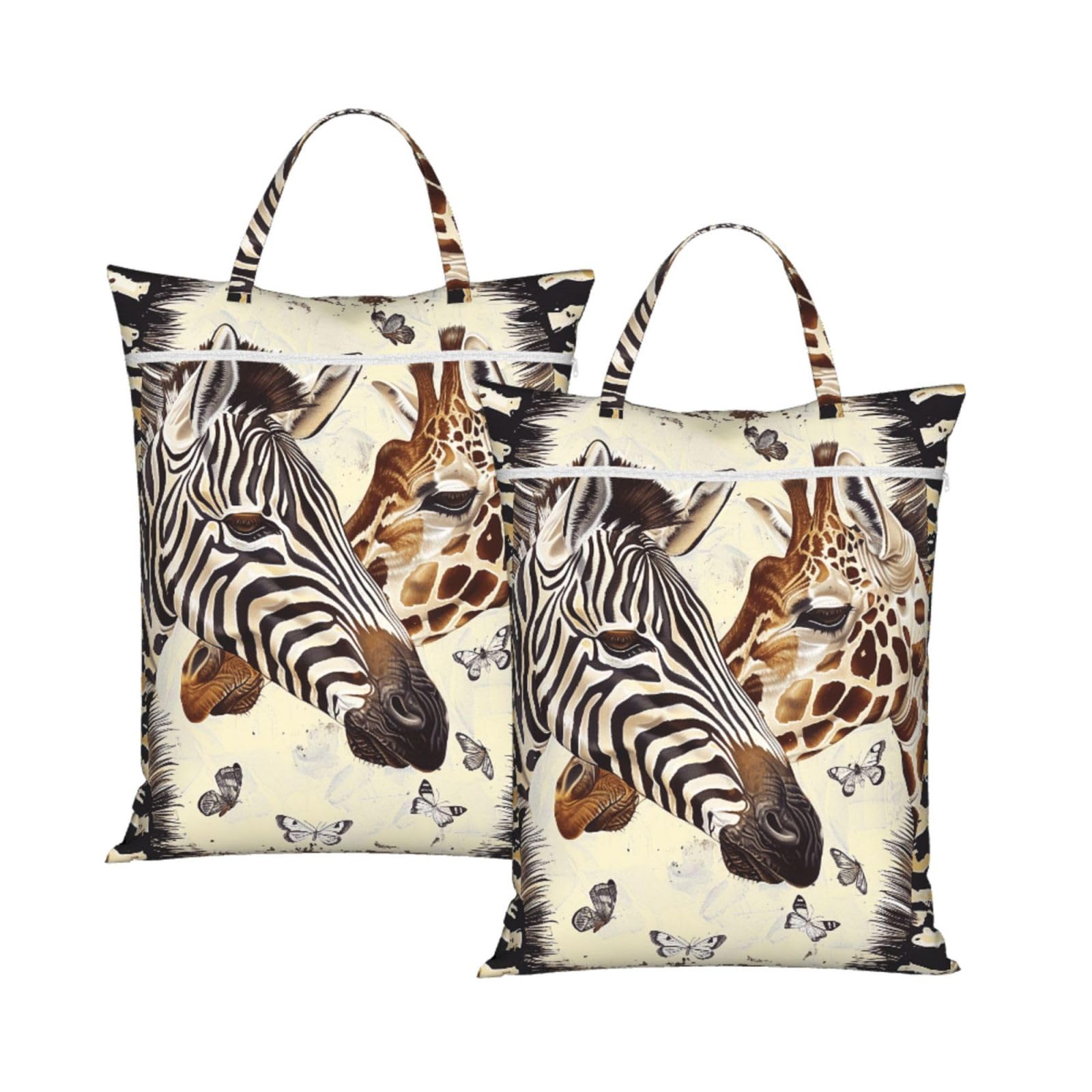 Large Travel Laundry Bags,Zebra and Giraffe Print with Handle Foldable Laundry Bag for Holidays Gym Swimming and Family Trips, 2Pcs