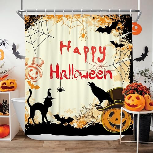 DASHAN Cortina de ducha de Halloween, cortinas de ducha de calabaza aterradora para baño, espeluznante gato negro y murciélagos, cortina de baño,