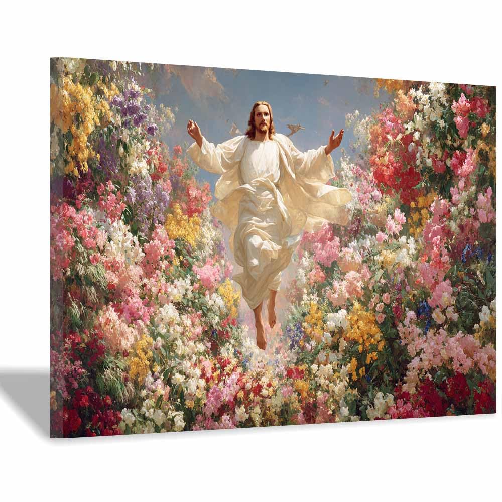 ZAMAEIU Christ Religions Canvas Wall Decor Risings in thes Sea of ​​Flowers Modern Abstract Religious Posters Prints for Living Room Bedroom Church Home Decoration(white)-80x120cm Framed