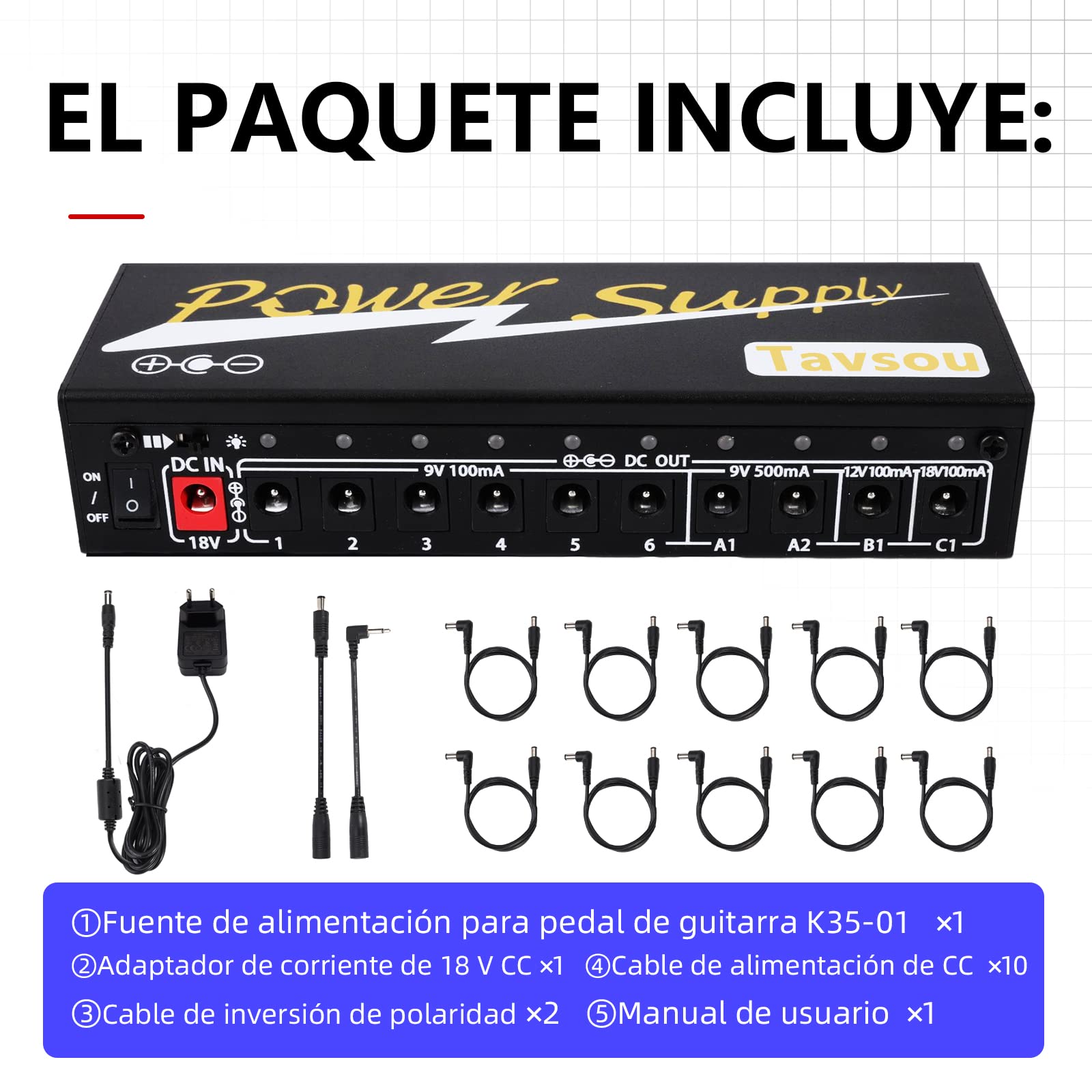 Alimentación del Pedal de efecto de Guitarra con 10 Salidas de Corriente Continua Aisladas 9V / 12V / 18V EU Enchufe