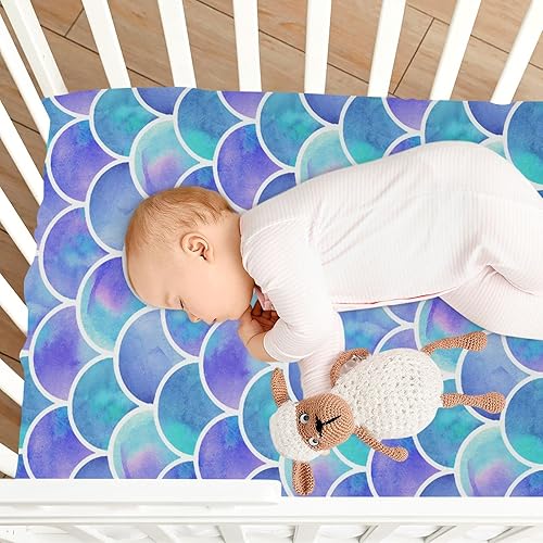 Miniatura 8 de Sábanas de cuna con escamas de pez de sirena para niños y niñas, sábanas para empacar y jugar, súper suaves, sábana bajera para cuna estándar y