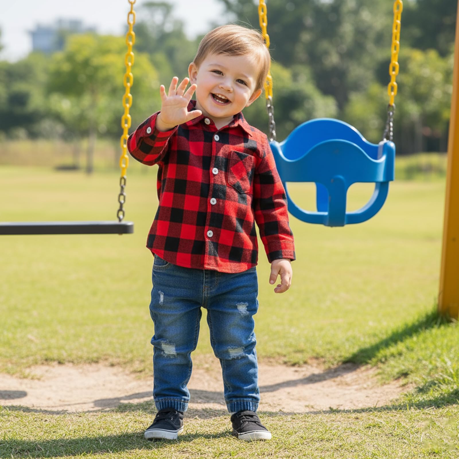 Conjunto de ropa de bebé para niños pequeños, camisa a cuadros rojos, con agujeros rasgados, jeans para otoño e invierno, 1-5T