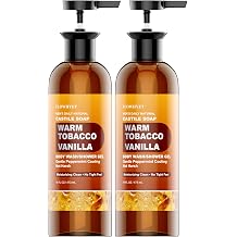 Mens Natural Tobacco Vanilla Castile Soap Liquid Body Wash | Hydrating Plant-Based Shower Gel with Organic Olive, Coconut & Jojoba Oils, Gentle Peppermint Cooling, 16 Fl Oz, 2 Pack