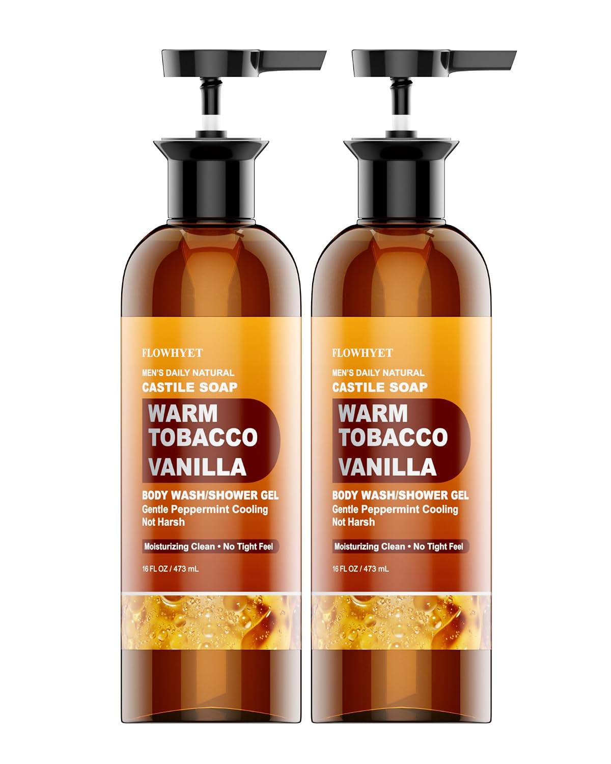Men’s Natural Tobacco Vanilla Castile Soap Liquid Body Wash, Hydrating Plant-Based Shower Gel with Organic Olive, Coconut & Jojoba Oils, Gentle Peppermint Cooling, 16 Fl Oz, 2 Pack