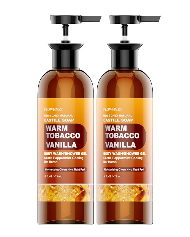 Sabonete líquido corporal masculino FLOWHYET com fragrância de tabaco e baunilha, Pacote com 2