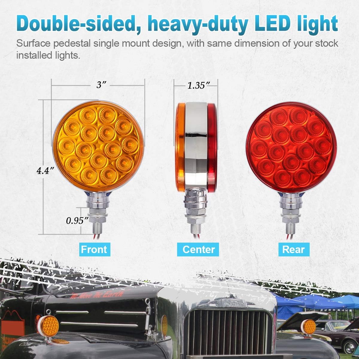 Partsam 2pc 3" Round Double Face Red/Amber 30 LED Pedestal Fender Lights Turn Signal Chrome Miro-reflex Sealed Replacement for Peterbilt/Freightliner/Western Star Trucks Semi Trailers, 10-30V