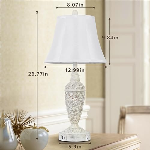 Miniatura 4 de Paquete de 2 lámparas de mesa vintage de 26.8 pulgadas con dos puertos de carga USB y salida de CA, juego de 2 lámparas de noche blancas