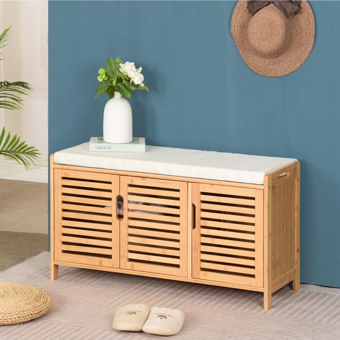 Meuble à chaussures en bambou avec banc d'assise, étagère à chaussures avec 3 compartiments, coussin, meuble à chaussures, pour entrée, 50 x 90 x 35 cm (Beige)