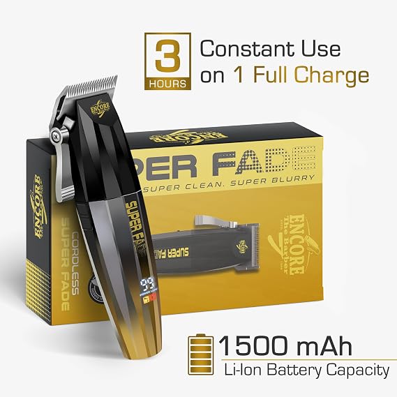 Super Fade Professional Hair Clipper for Barbers Fast Clean Blurry Fades | Four Click Lever | Whisper Quiet | Rechargeable Cordless | Over 90 Minutes Run time | Crunchy Blade