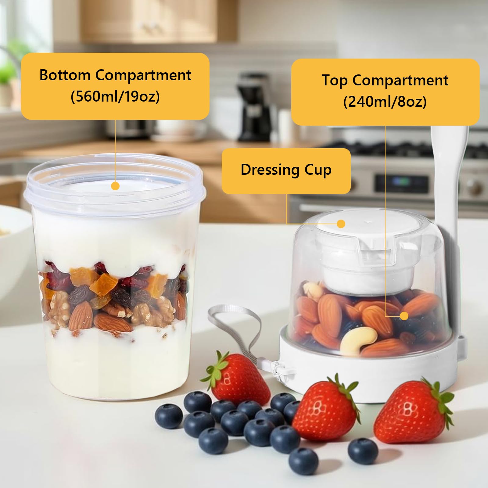 Müslibecher to Go, 4 Stück Jogurtbecher für Unterwegs mit löffel, Joghurt to Go Becher, Doppelschicht Auslaufsicherer Salatbecher, Müsli to go Becher für Arbeit, Schule, Reisen, Picknick