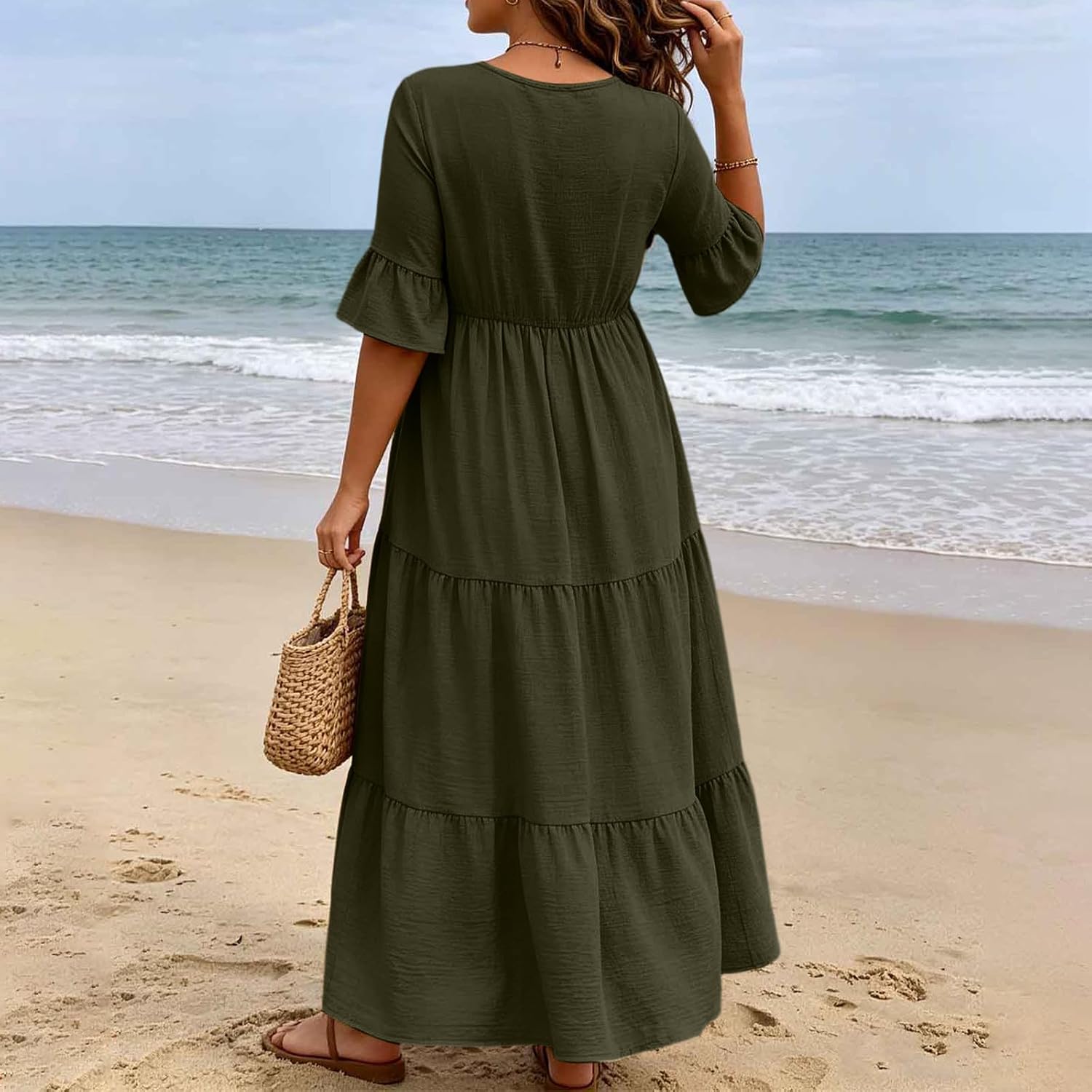 Women Plus Size Ruffle Dresses, Flare Sleeve Tiered Peplum Maxi Dress for Vacation High Waist Flowy Boho Sundress