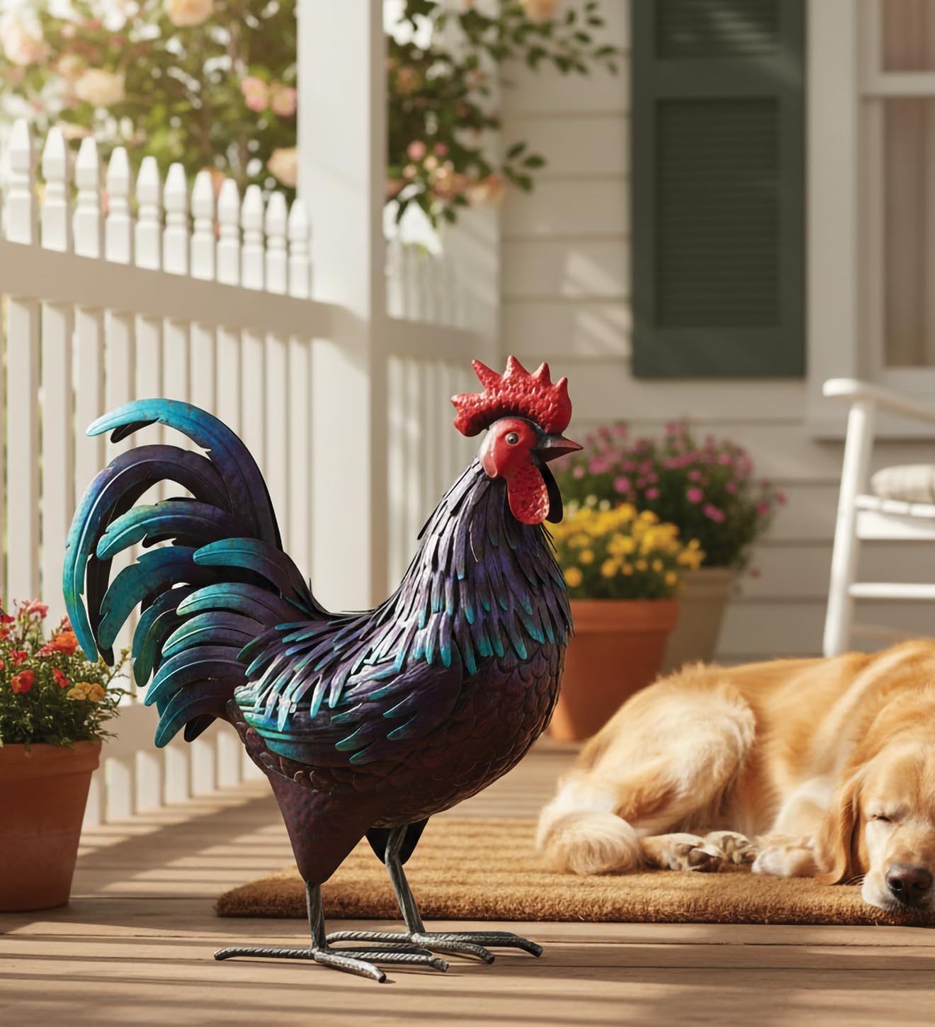 Regal Art & Gift Handcrafted Metal Rooster Statue, Weather-Resistant Farmhouse Yard Art, Indoor/Outdoor Garden Sculpture, Detailed Feather Design, Decorative Bird for Home & Garden. 21.5" Height