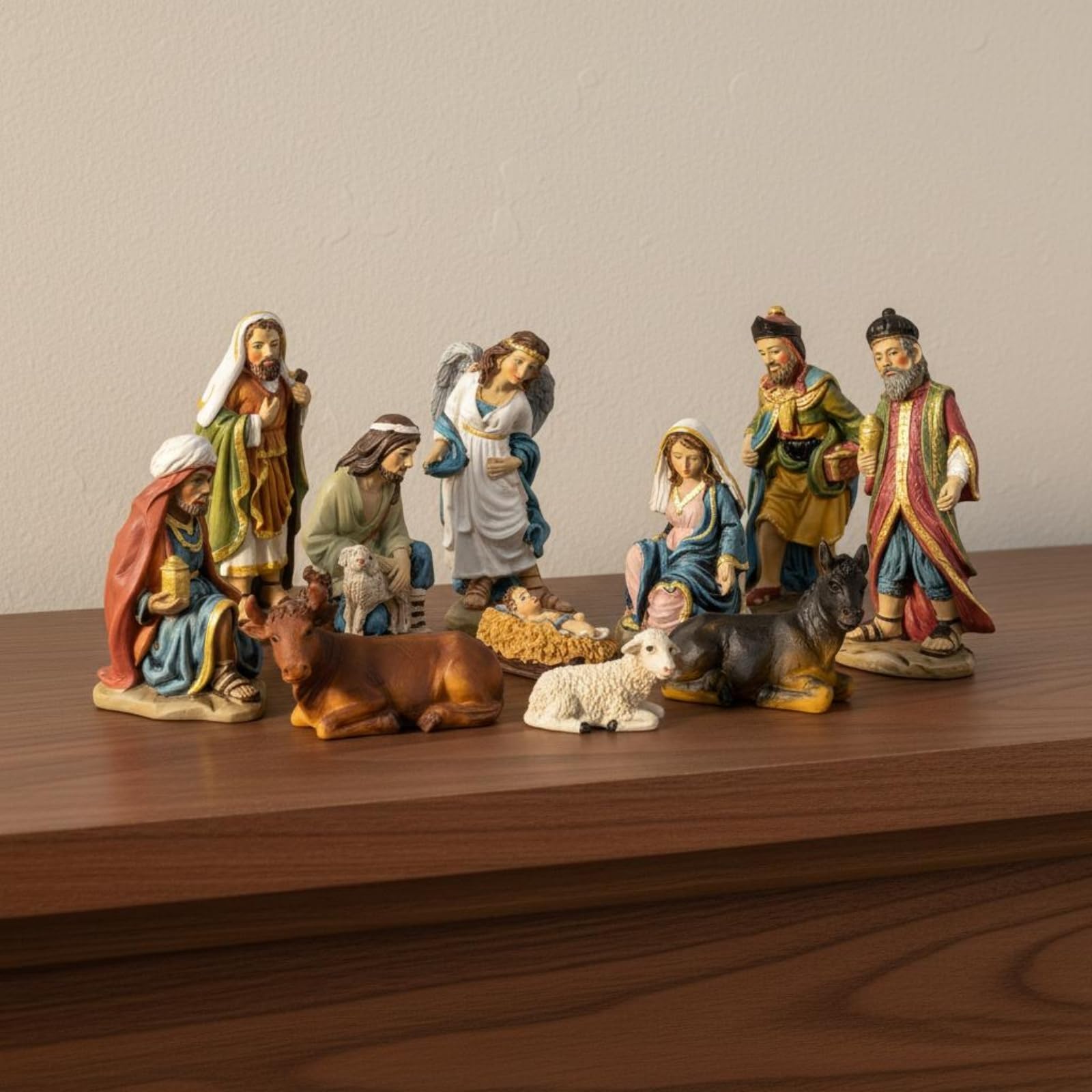 1 Krippenfiguren Set Miniatur Krippenszene Krippenstall Figuren Tiere Krippenensemble aus Kunstharz mit Harmonischer Komposition für Kleine Flächen, Bunt