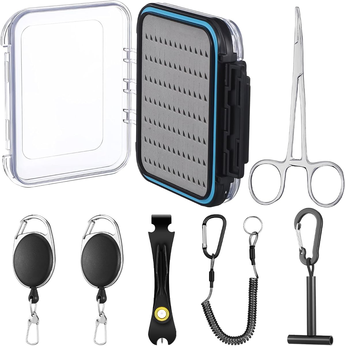 Pickmesh 7 Pcs Fly Fishing Tools Kit and Accessories, Fly Fishing Box, Fly Fishing Tippet Spool Holder, Fly Fishing Nipper, 2 Fishing Zinger Retractor, Fly Fishing Forceps and Fishing Lanyard