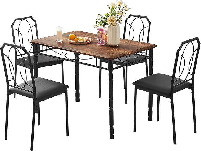 VECELO 5 Pieces Sets,43.3" Table&Chairs for 4,Industrial