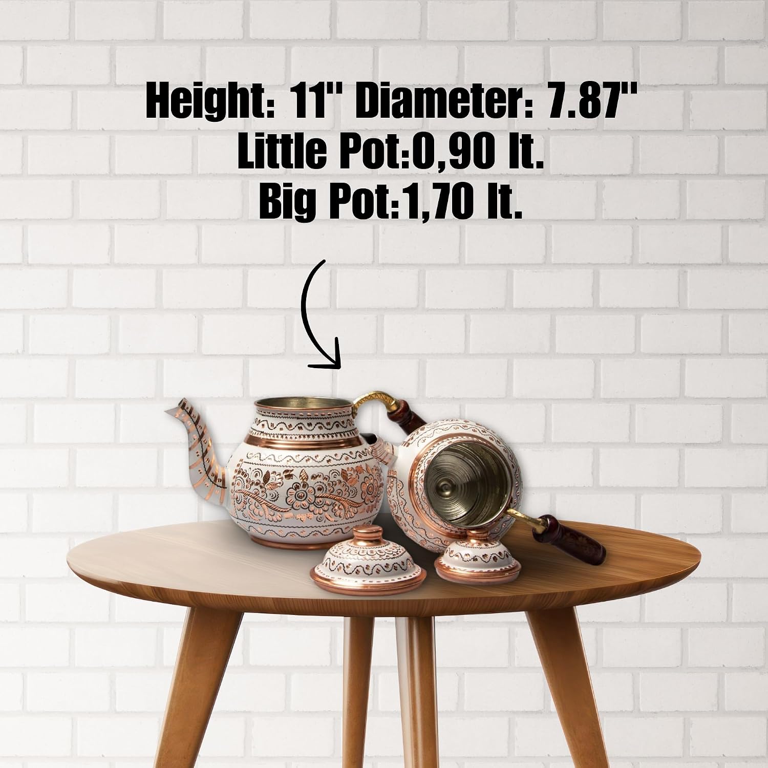 Handmade Vintage Traditional Turkish Copper Teapot Set - Antique Floral Designed Tea Kettle with Wood Handle and Lid, Kitchen Set, Water Heater, Gas and Electric Stovetop Compatible
