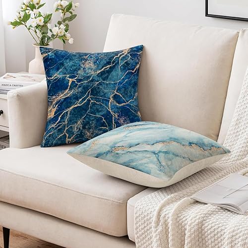 Miniatura 4 de VAKADO Juego de 4 fundas de cojín decorativas de mármol dorado verde azulado para exteriores, fundas de cojín de 18 x 18 pulgadas para sofá de verano