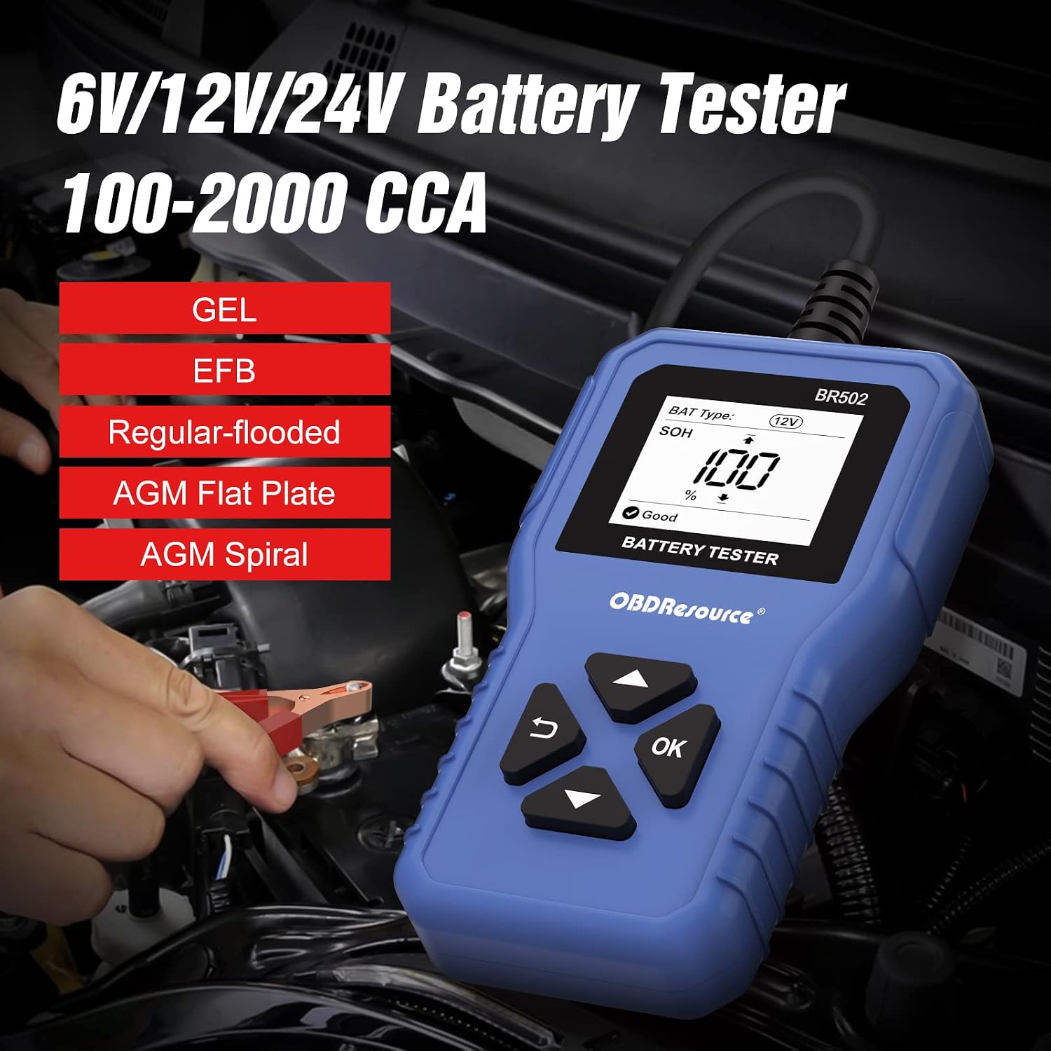 BR502 Car Battery Tester 6V 12V 24V Digital Voltage Test 100-2000 CCA，Blue